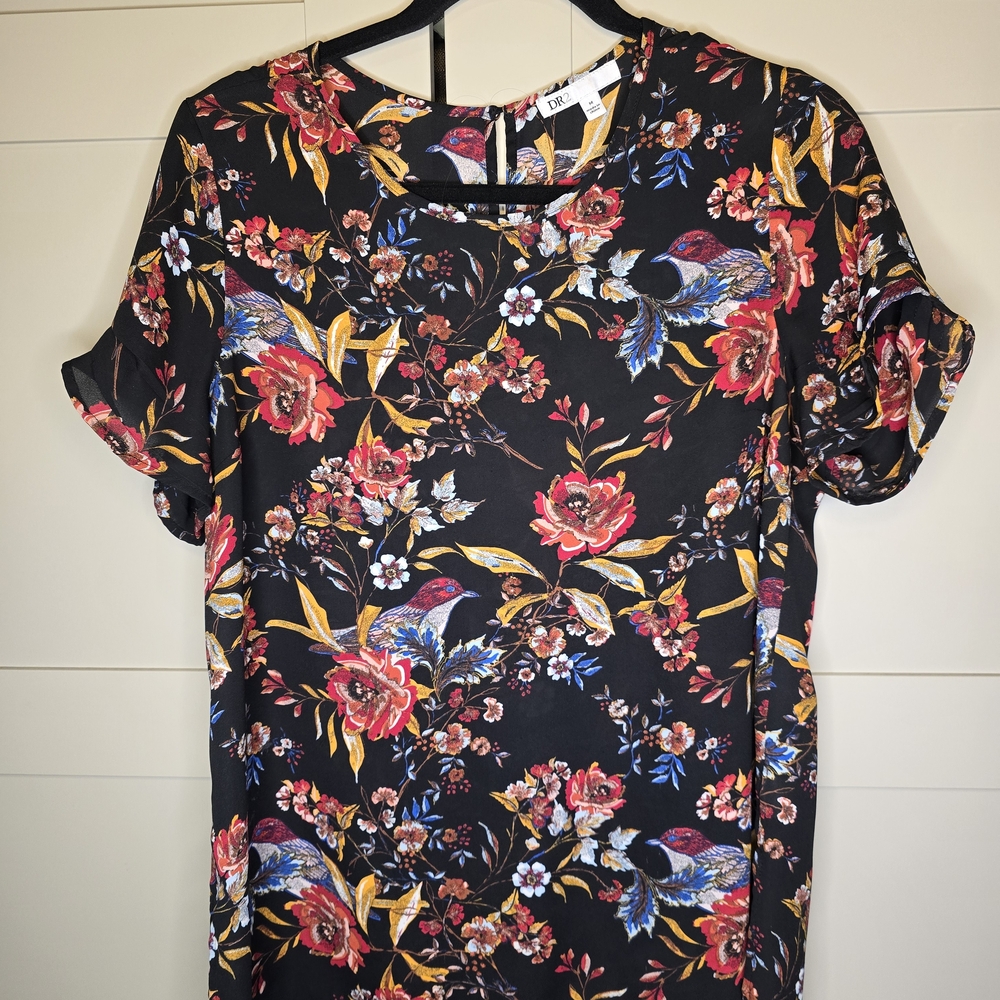 DR2 By Daniel Rainn Black Floral Blouse with Red and Yellow Accents